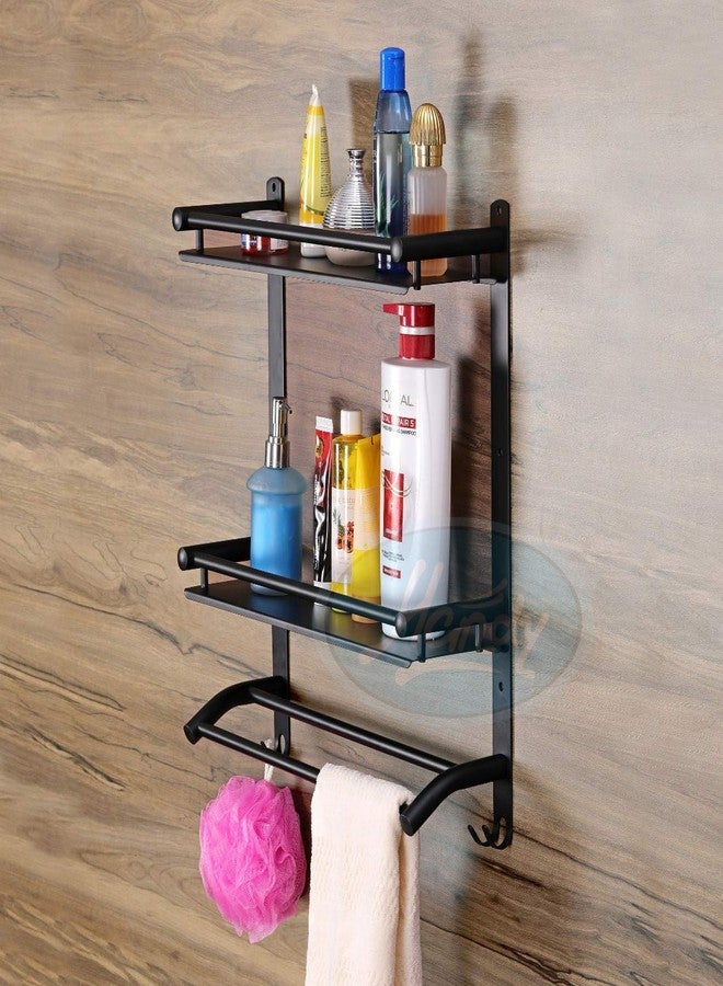 HANDY Stainless Steel Black Bahtroom Accessories 2 Layer Bathroom Shelf with Towel Rod and Hook Multipurpose Wall Mount Shelves Black Bathroom Shelf (16 x 5 x 17 inch) - Image 1
